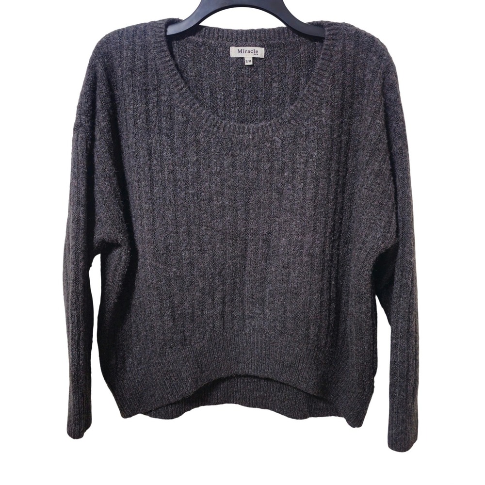 Miracle USA Charcoal Grey Ribbed Knit Scoop Neck Sweater Size S/M EUC